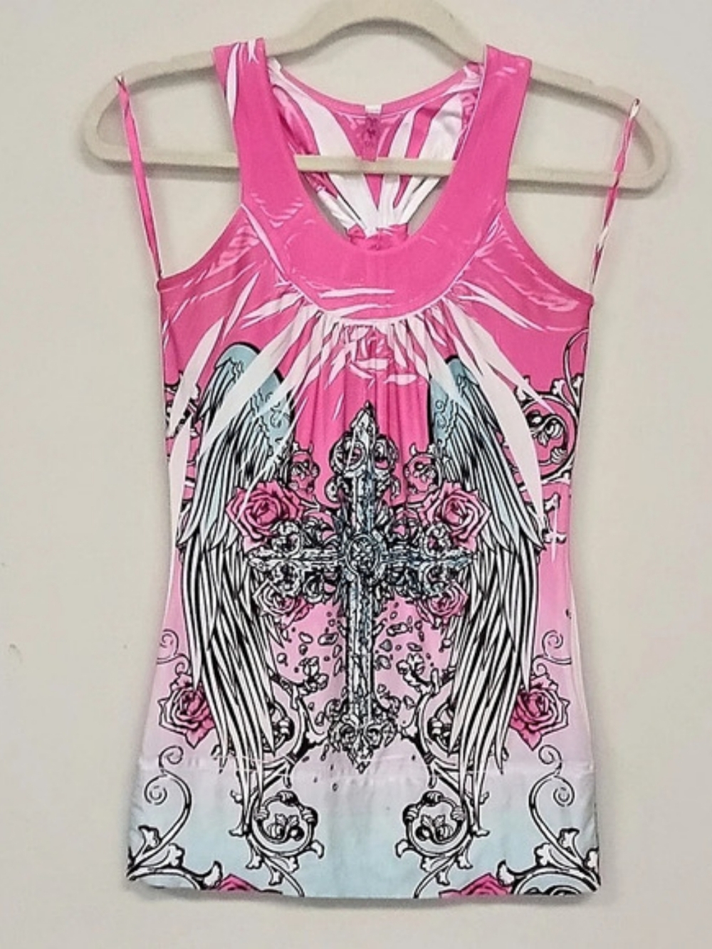 YoYo5 Y2K Rhinestone Embellished Cross Angel Wings Racer Back Tank Top Goth S